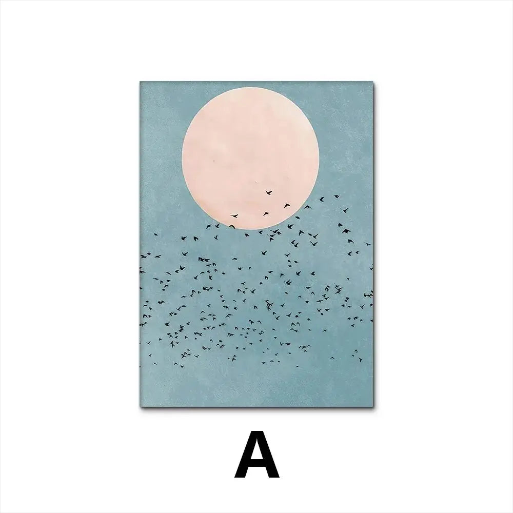 Abstract Moon Flying Birds, HD Canvas Printed Poster, Home Living Room Bedroom Decorative Painting