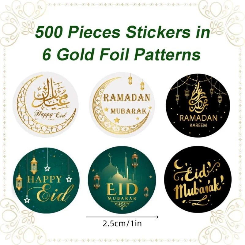 500pcs/roll Middle East Ramadan Stickers Arabic Eid Moon Oil Lamp Gift Envelope White Green Gold Seal Stickers Southeast Asia