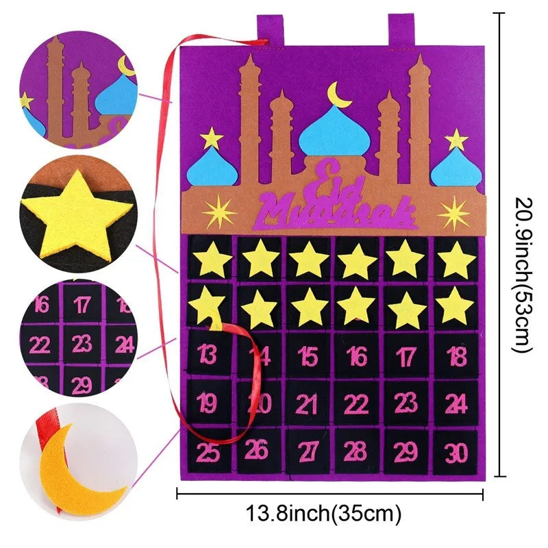 DIY Eid Mubarak Felt Ramadan Calendar With Pocket for Kids Gifts Countdown Calendrier Ramadan 2025 Kareem Muslim Party Decor