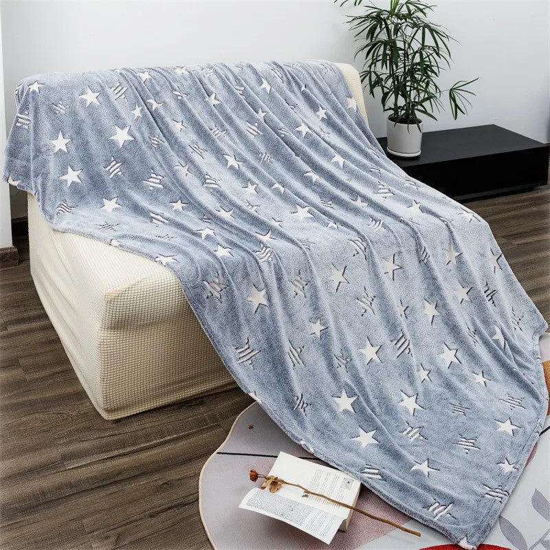 Magical Luminous Flannel Throw Blankets Night Fluorescent Fluffy Kids Blanket Star Moon Warm Sofa Bedspread Nap Leisure Covering