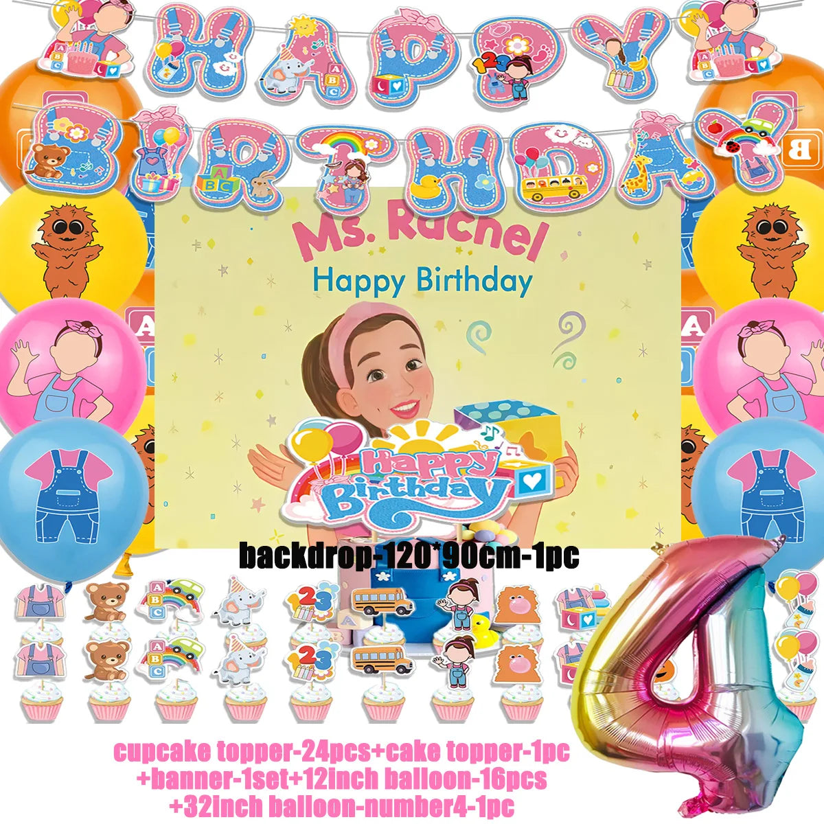 Cartoon English Teacher Theme Child Birthday Party Decor Ms&Racheled Balloon Banner Backdrops Cupcake Toppers for Kids Gifts