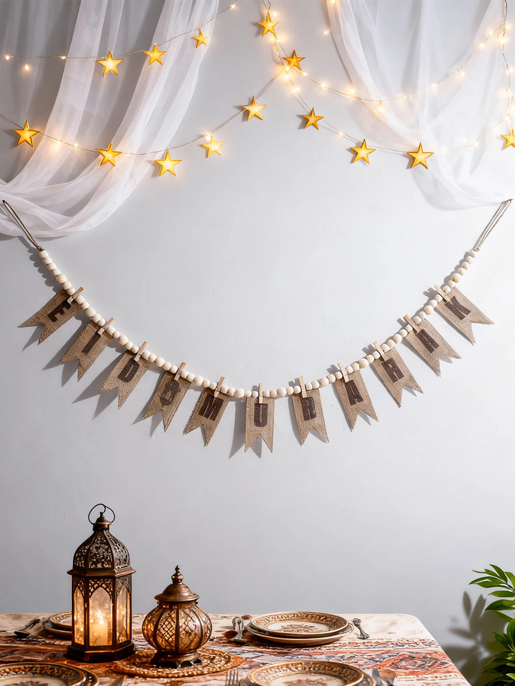 Eid Mubarak Burlap Banner Garland Wooden Bead Clothespin Hanging Ornaments for Muslim Festival Home Party Wall Window Decor Gift