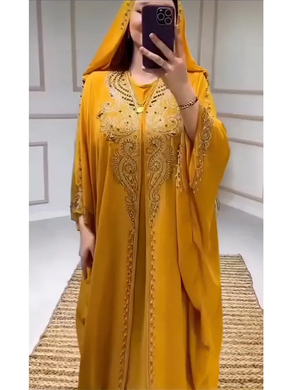 Eid Muslim Dress for Women – Hooded 2-Piece Diamond Jalabiya Kaftan