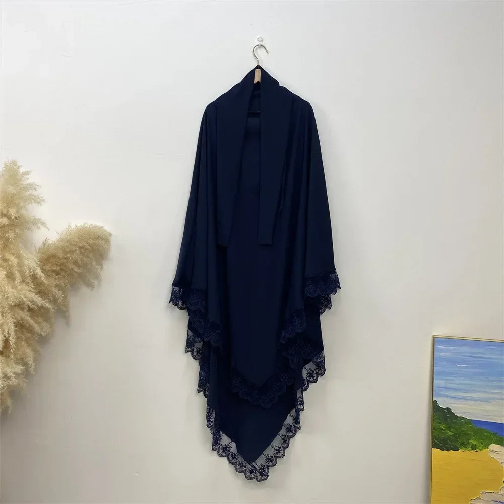 Eid Khimar Lace Long Khimar Hijab Scarf Muslim Modest Prayer Hijabs Islam Clothing Ramadan Djellaba Kebaya Jalabiya Headscarf