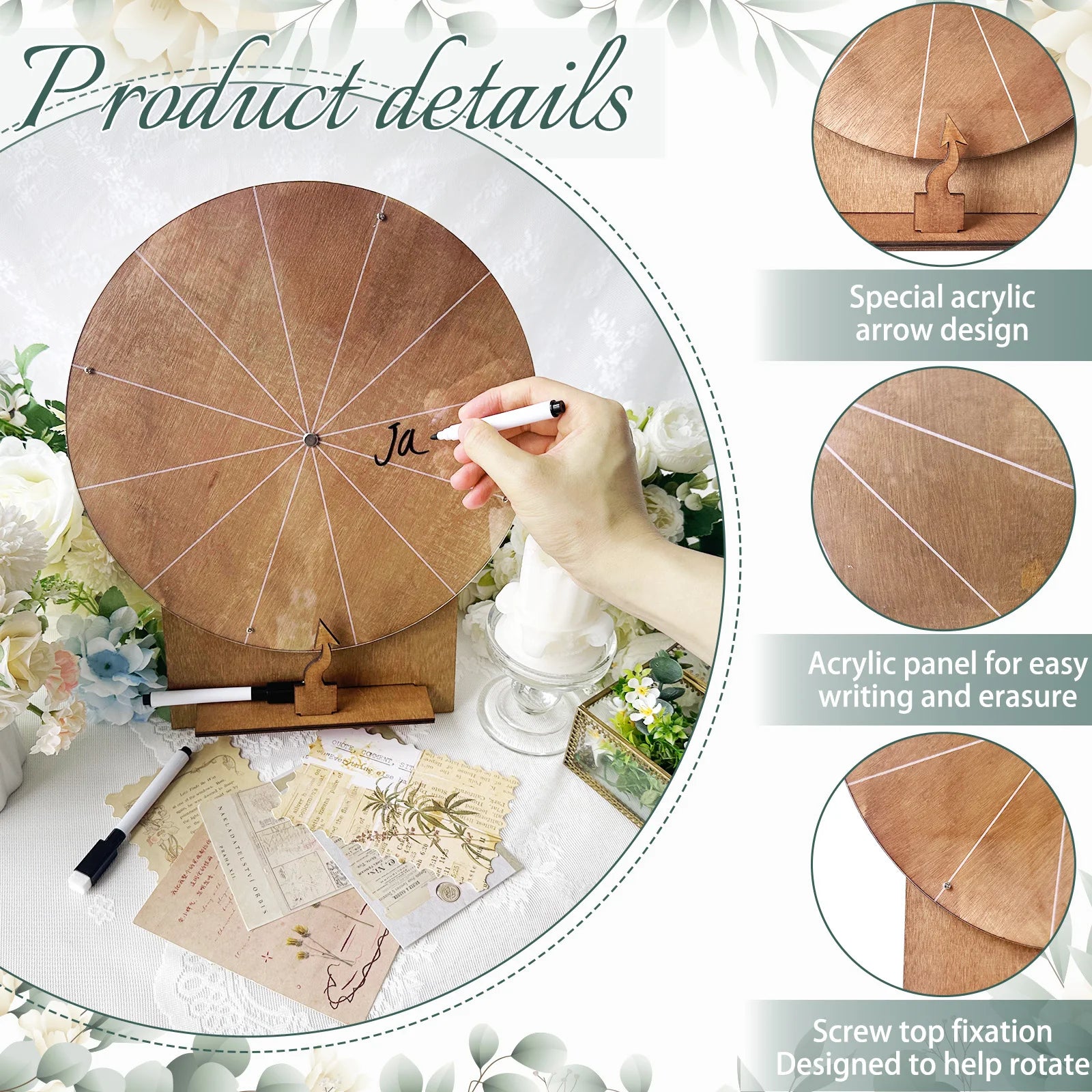 Wedding Challenge Spinning Wheel, Wooden Prize Tabletop Spinner Erasable Raffle Spinning Wheel for Wedding School Home Party