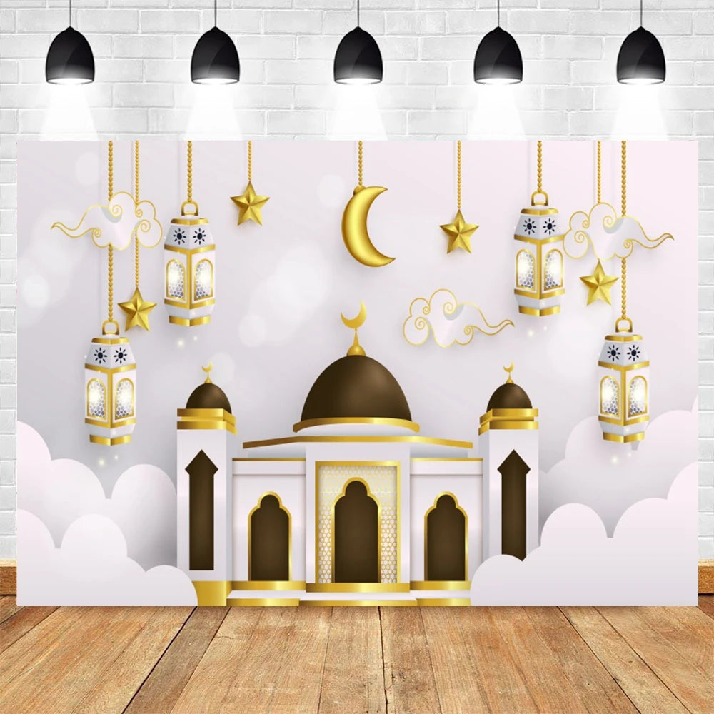 Ramadan Kareem Photography Backdrop EID Mubarak Islamic Mosque Lamps Moon Star White Cloud Photo Background Studio Poster Decor