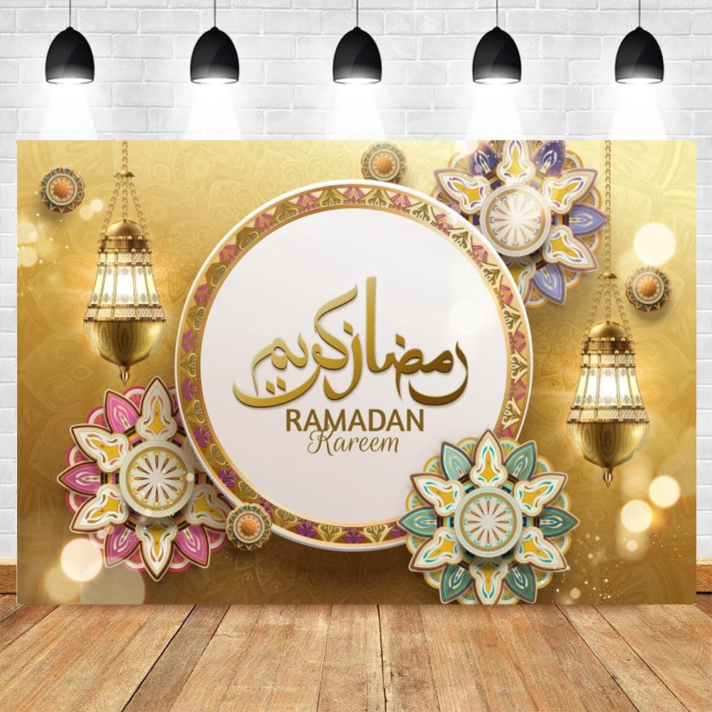 Ramadan Kareem Backdrop Eid Mubarak Party Lantern Flower Moon Islamic Family Party Photography Background Decor Banner Poster