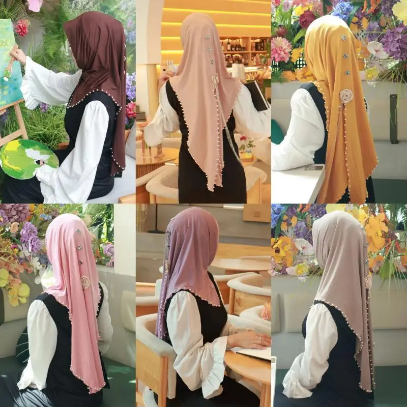 Women Fashion Beaded Headscarf Wear Directly Instant Hijab Arab Islamic Khimar Laides Shawls Eid Ramadan Turban