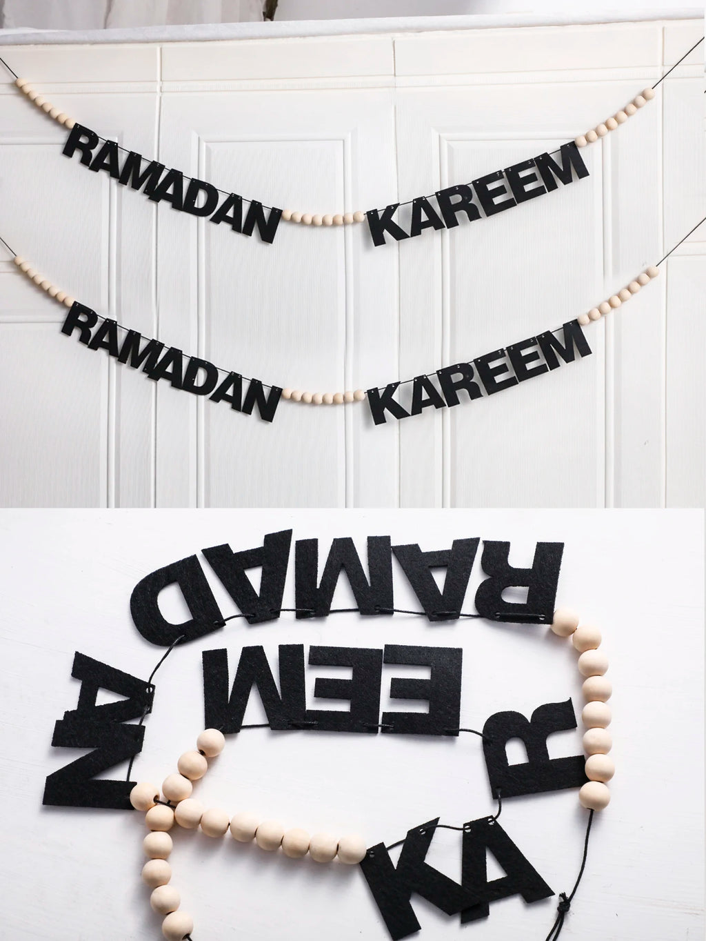 Ramadan Kareem Mubarak Banner Decor Black Felt Letters Garland with Wooden Beads Islamic Eid Festival Wall Hanging Ornament Gift