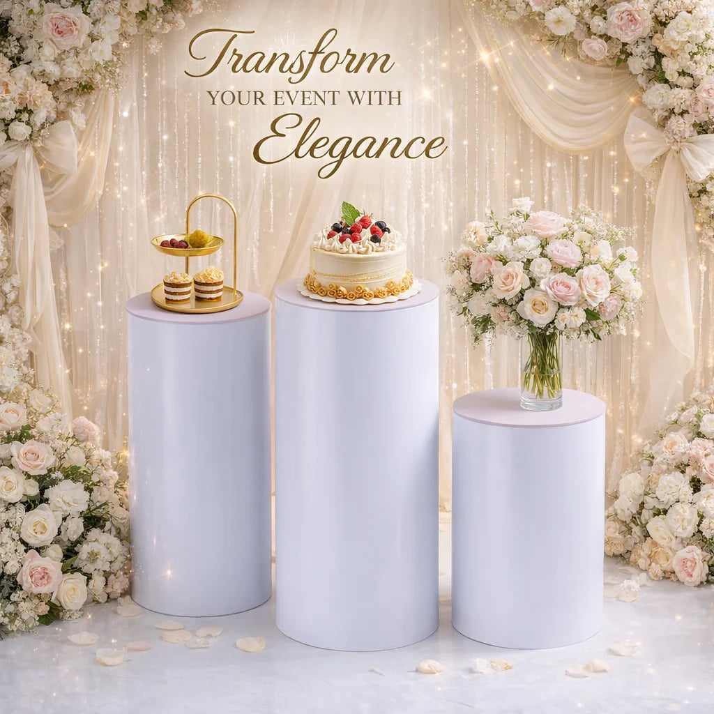 3Pcs White Wedding Round Cylinder Stand,Acrylic & PVC, Modern Decor for Weddings, Events, Birthday Parties,Holds Cakes & Flowers