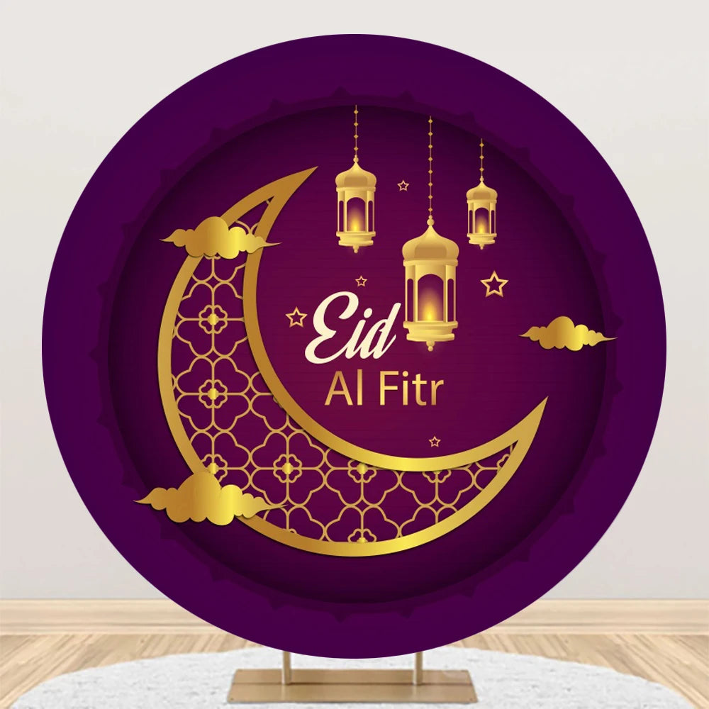 Eid al Fitr Mubarak Round Backdrop Cover Arab Ramadan Karim Golden Moon Star Cloud Lantern Party Decor Banner Photo Stall Props