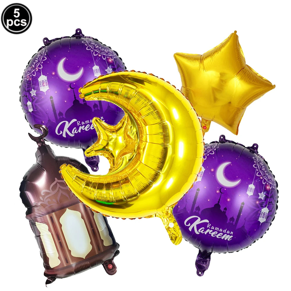 5pcs Eid Mubarak Balloons Decors Ramadan Lantern Moon Star Shape Moon Castle Pattern Foil Balloons Islamic Muslims Party Supplie