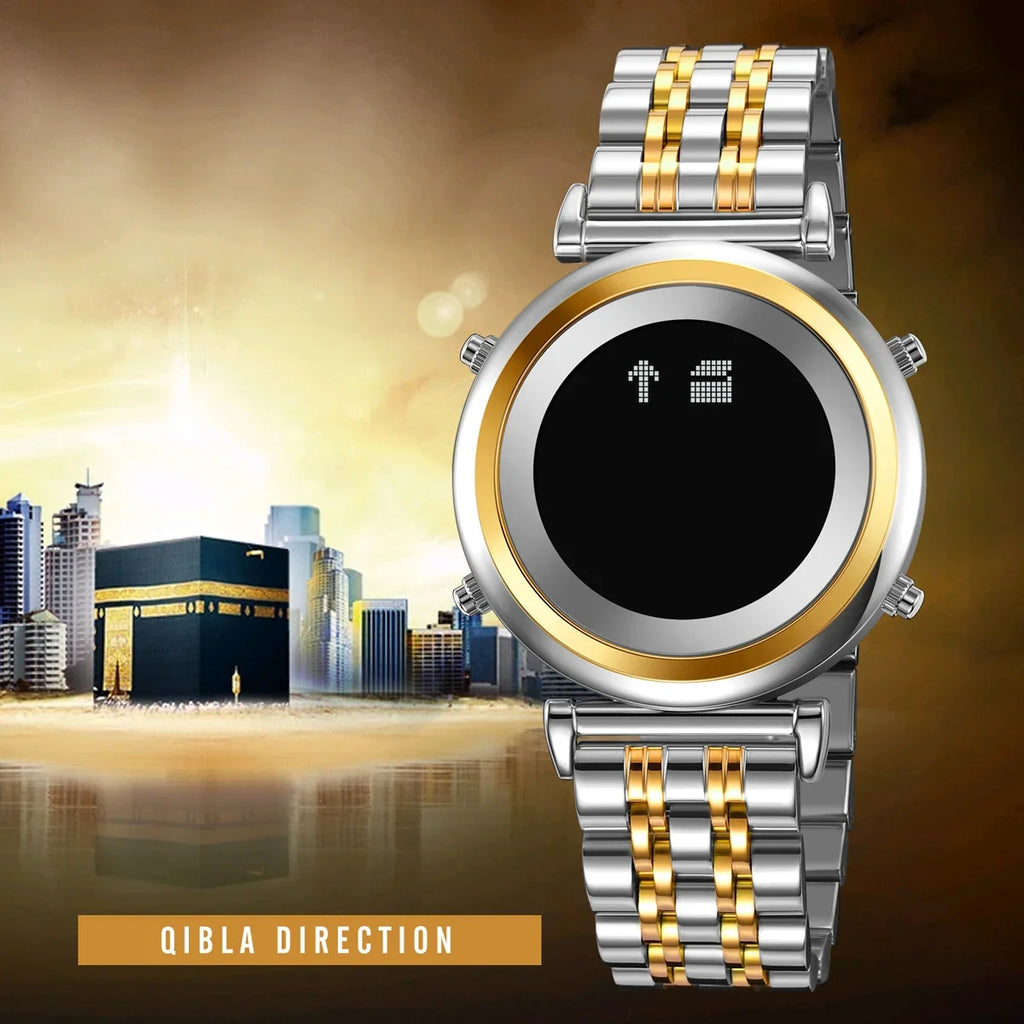 Muslim Azan Digital Watch Mens Back Light Waterproof Steel Hijri Islamic Wristwatch Prayer Qibla Compass Alarm Clock