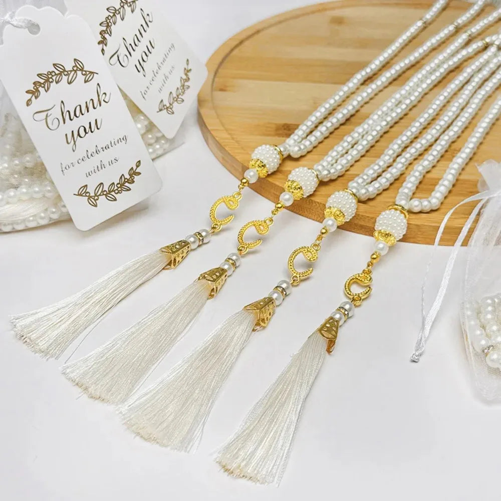 15/30Pcs EID Mubarak Glass Pearls Tassel with Bags and Paper Tag Muslim Islam Prayer Beads Bracelet Hanging Ornament Party Gifts