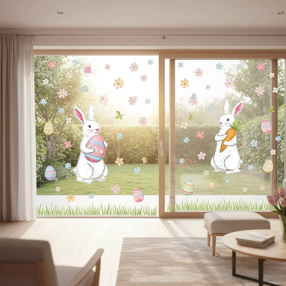 6 Sheets Happy Easter Decorations Window Clings Bunny Eggs No Glue Stickers Static Glass Decal Spring Party Home Decor Kids Gift