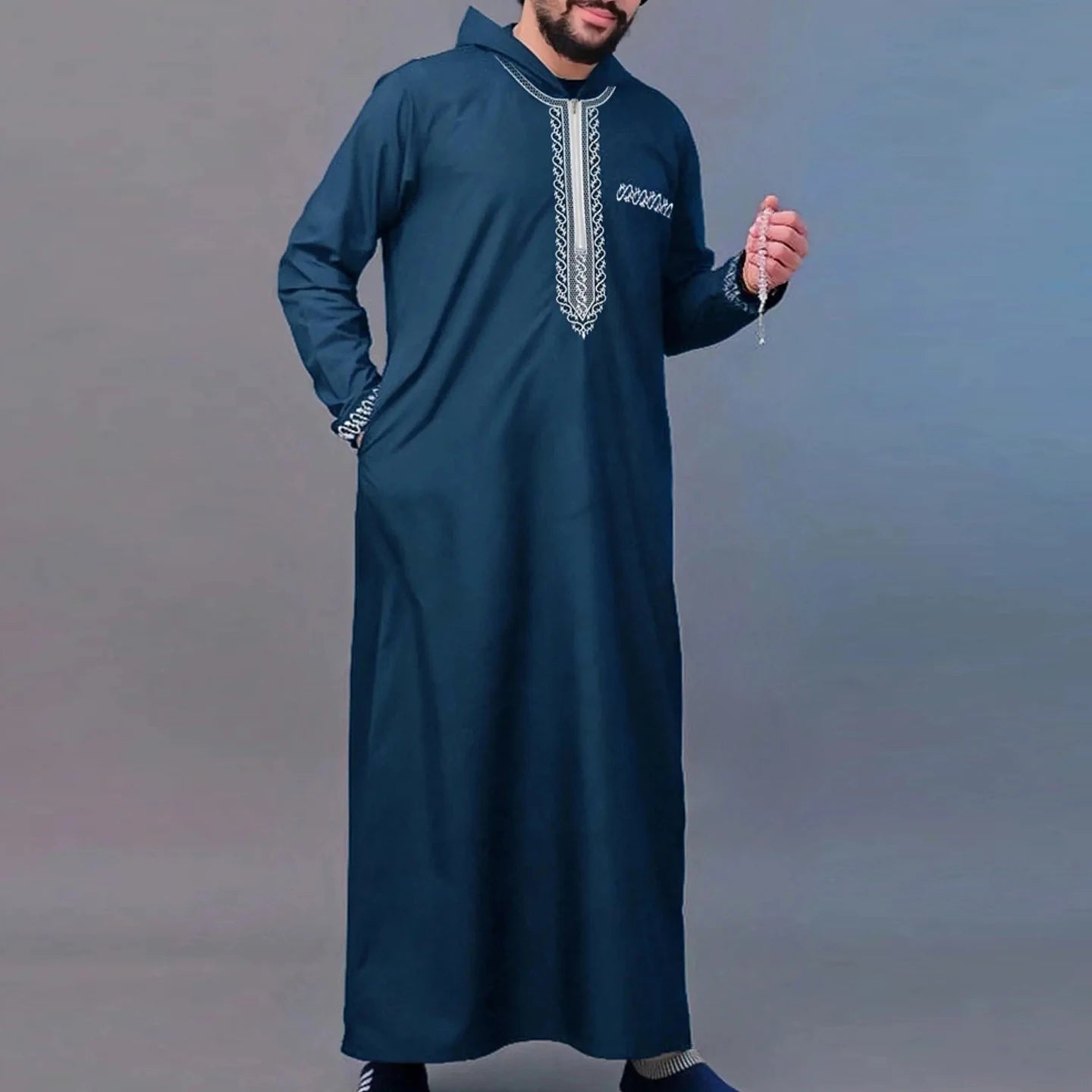 New Islamic Muslim Men's Thobe Long-Sleeved Classic Embroidery Robe Arabic Ethnic Style Men's Casual Formal Robe Prayer Dress