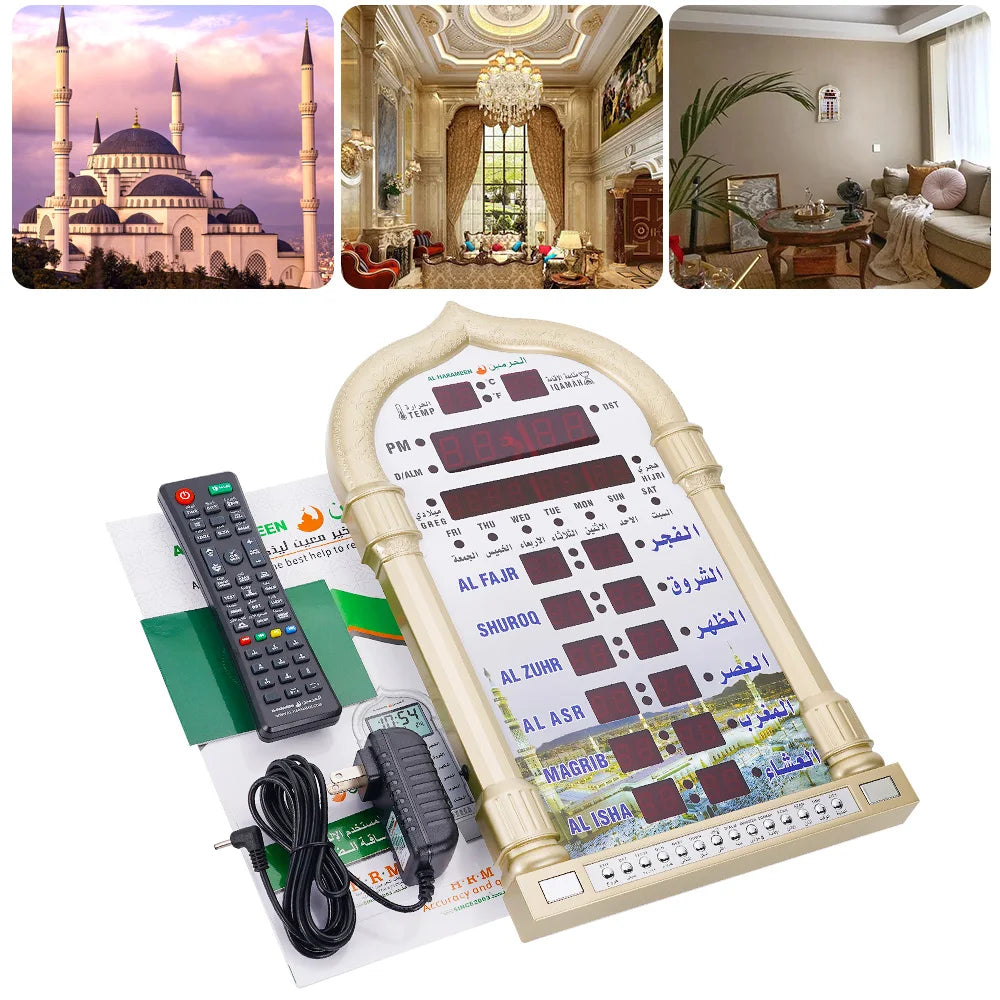 12V Azan Mosque Mosque Clock Calendar Muslim Prayer Wall Clock Alarm Islamic Mosque Azan Calendar Ramadan Home Decor Wall Clock
