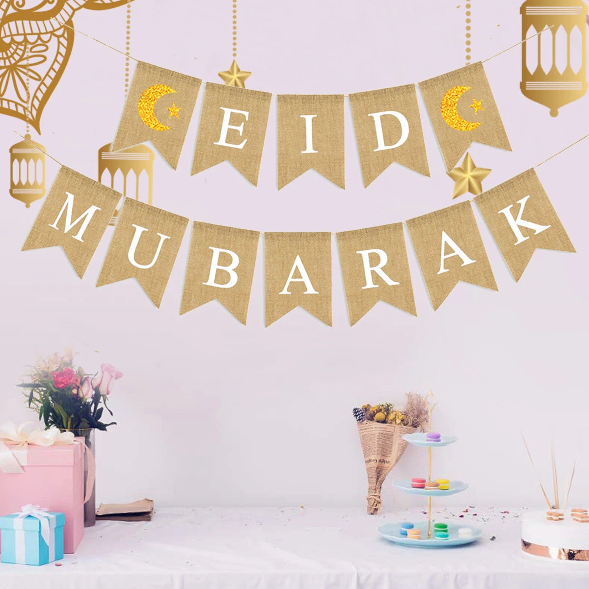 1set linen Eid Mubarak Banner Ramadan Kareem Banners Eid al-Fitr Decorations Star Moon Eid Mubarak Decorations Banners