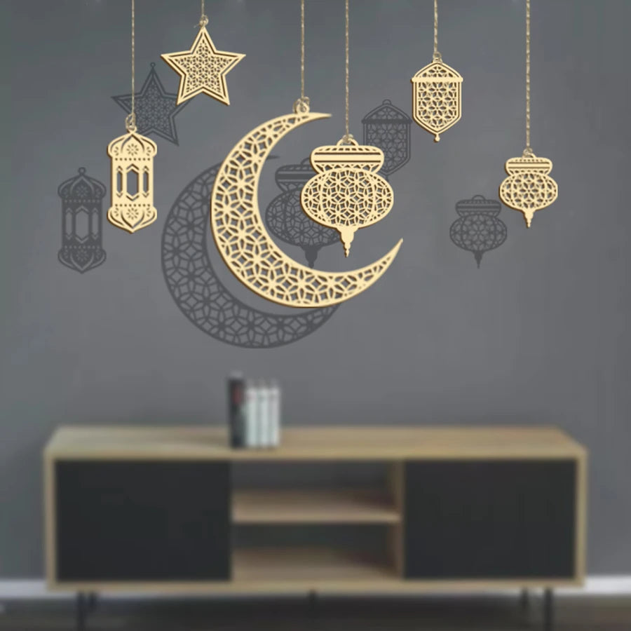 6pcs/set star moon lantern mandala pattern hollow wooden pendant for Ramadan DIY decoration wooden sign holiday party supplies