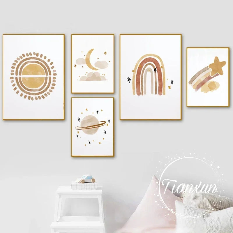 Nursery Wall Art Sun Stars Moon Earth Posters And Prints Children's Room Decoration Cartoon Universe Picture For Kid Room Poster