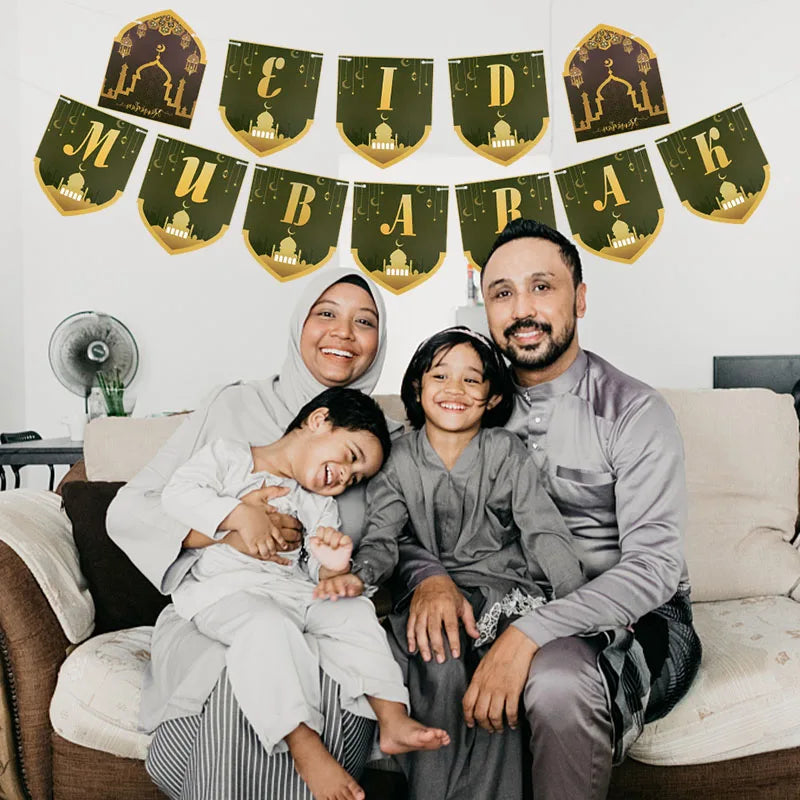 EID Mubarak Banner Glitter Star Moon Letter Paper Bunting Garland Islamic Muslim Party Ramadan Kareem Decorations for Home 2026