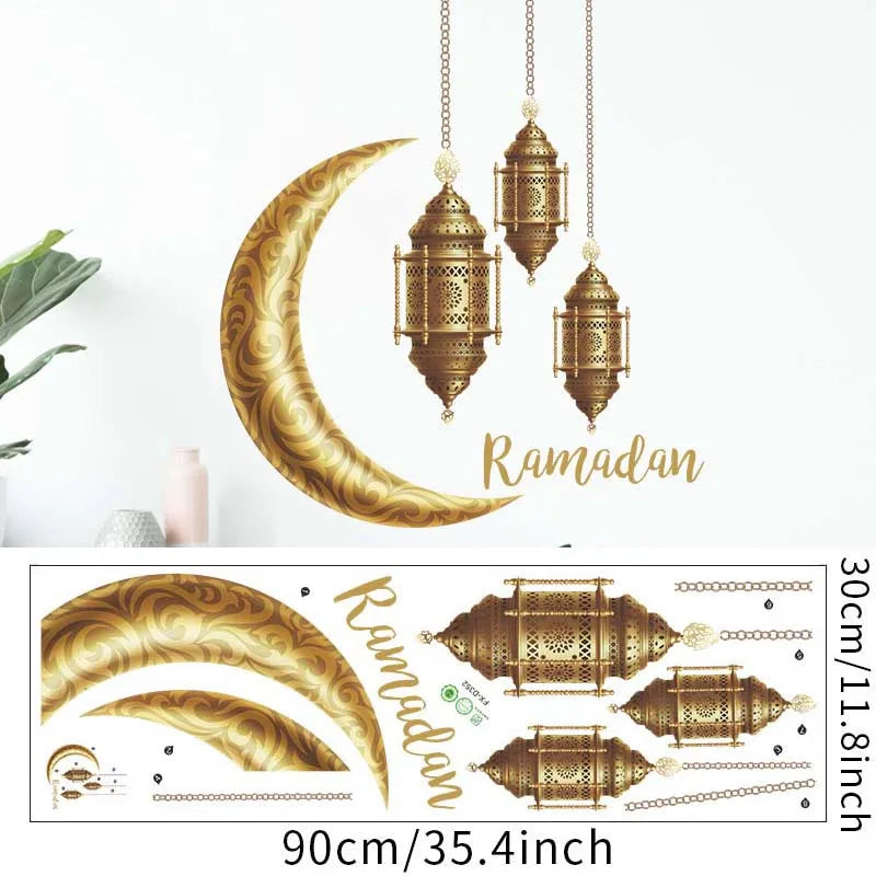 Ramadan Kareem Wall Stickers Moon Star Lantern Wall Decal 2024 Eid Mubarak Decorations for Home Muslim Islamic Party Decorations