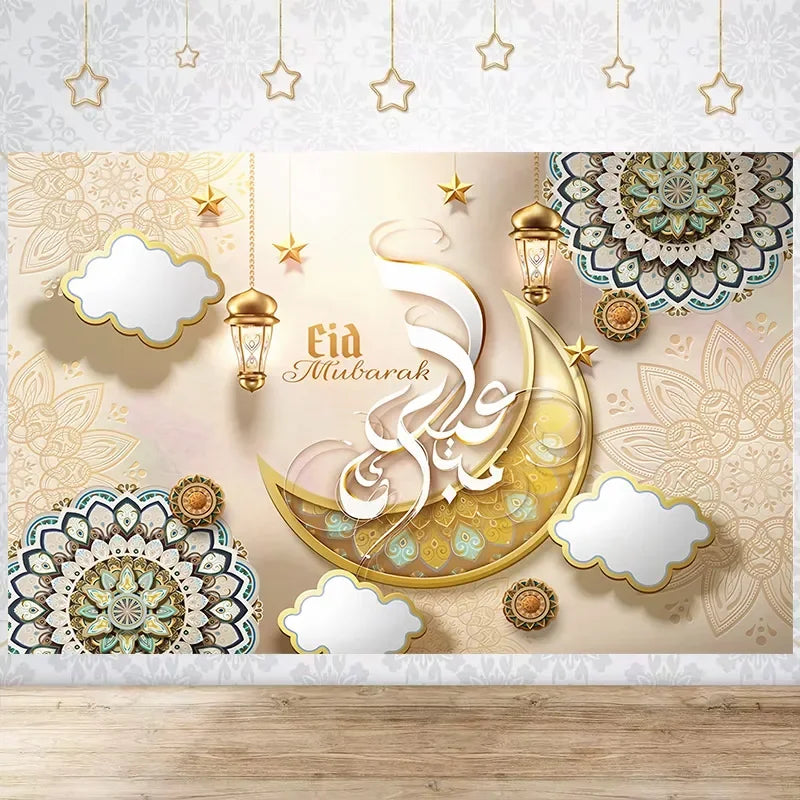 Happy EID Ramadan Festivals Mosque Moon Lantern Mubarak Poster Party Decoration Banner Photo Background Photography Prop Supply