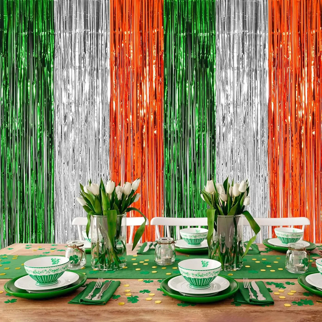 3 Pack St. Patrick's Day Foil Fringe Curtains Green White Orange Tinsel Fringe Photo Booth Prop Backdrop for Irish Party Decor