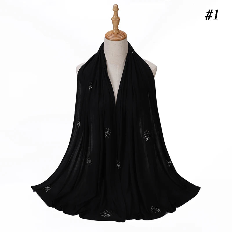 Ribbed Jersey Hijab Soft Breathable Stretch Scarf Shiny Sequins Muslim Shawls Wraps Islamic Headscarf Foulard