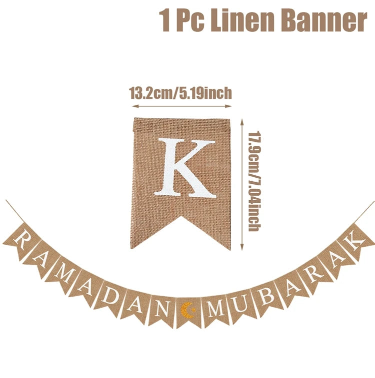 Eid Mubarak Linen Banner Garland Moon Star Hanging Ornaments Islamic Muslim for Home Ramadan Decoration Festival Party Supplies