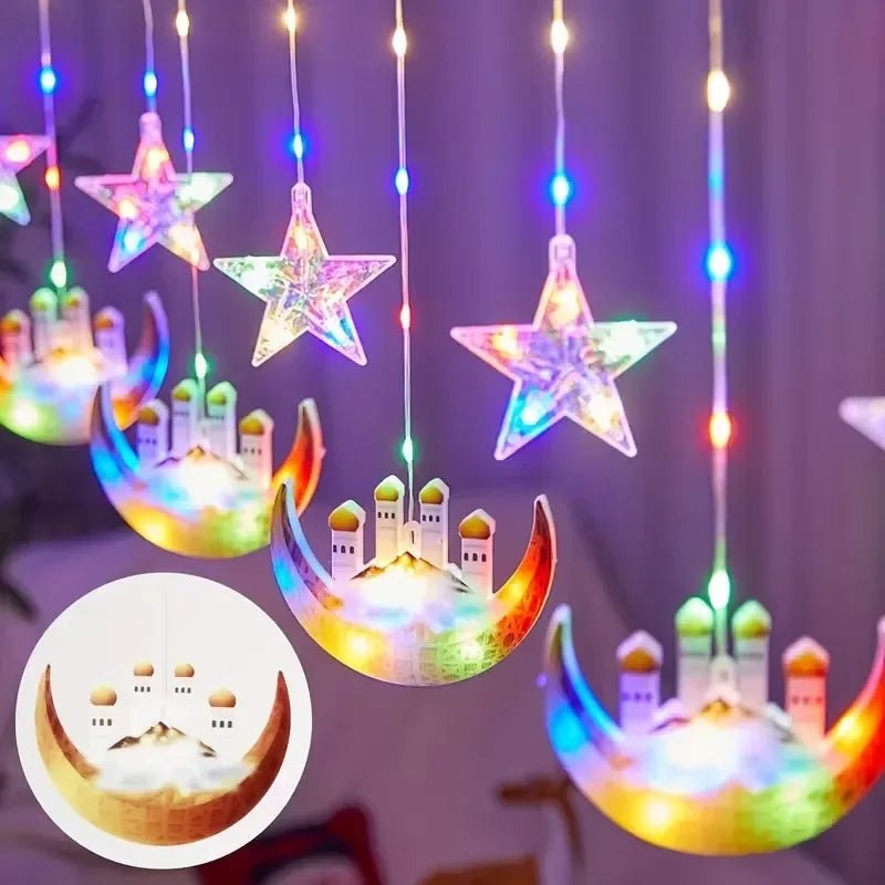 Moon and Star LED Curtain Lights  USB Powered Fairy Lights with 8 Modes and Timer Ramadan Bedroom and Party Decoration