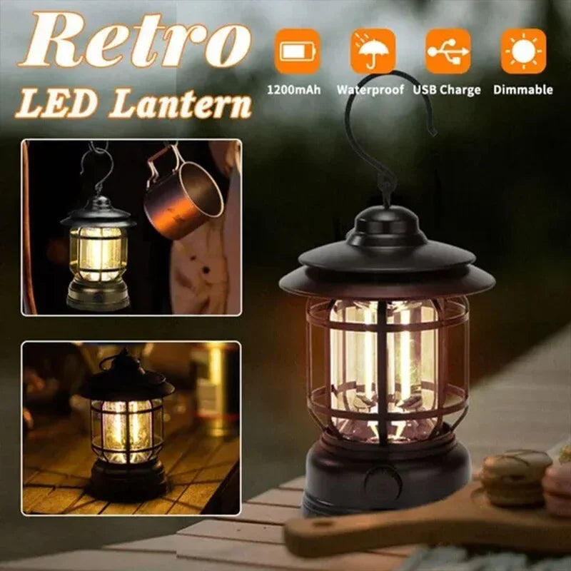2Pack Camping Lantern USB Rechargeable Battery Powered Retro Camping Light Waterproof Hanging LED Tent Lamp for Hiking Fishing