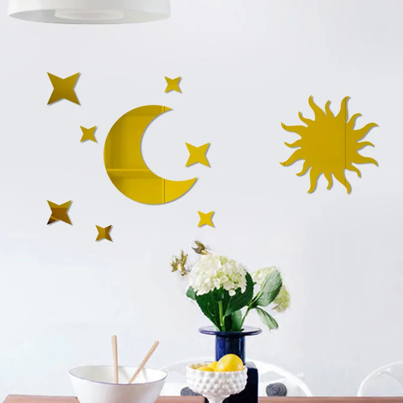 Acrylic Star Moon sun 3D Mirror Wall Sticker Acrylic Mirror Mural Decals Bathroom Mirror Wall Stickers For Kids Room Decor
