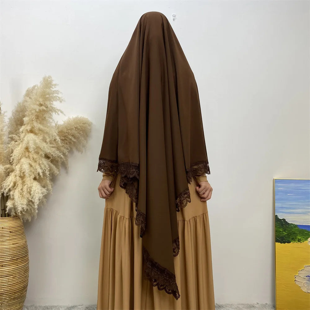Eid Khimar Lace Long Khimar Hijab Scarf Muslim Modest Prayer Hijabs Islam Clothing Ramadan Djellaba Kebaya Jalabiya Headscarf