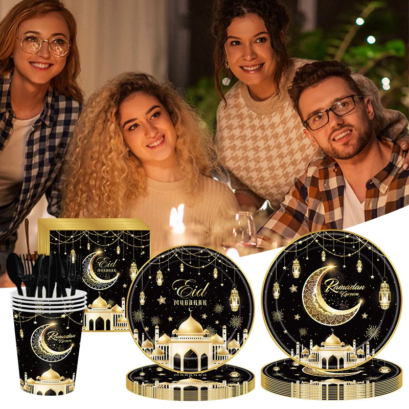 Ramadan Tableware Decorations Moon Star Party Supplies Hanging Cloth Eid Mubarak Banner Eid Plates Cups Tableware Decorations