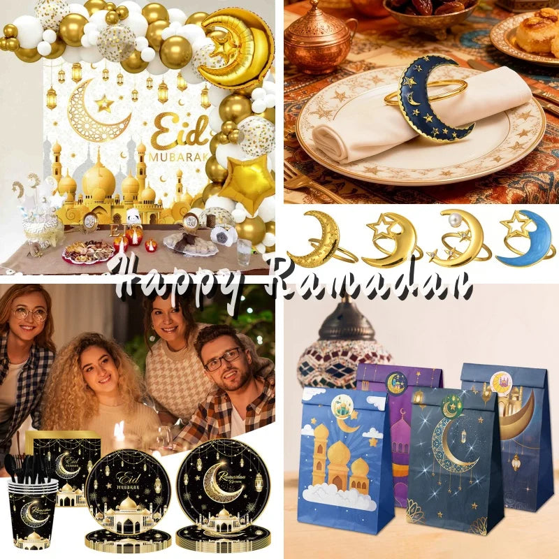 Eid al Fitr Party Gift Box Balloon Flag Set Muslim Ramadan Party Tableware Party Companion Gift Box Biscuit Bag Decorative Card