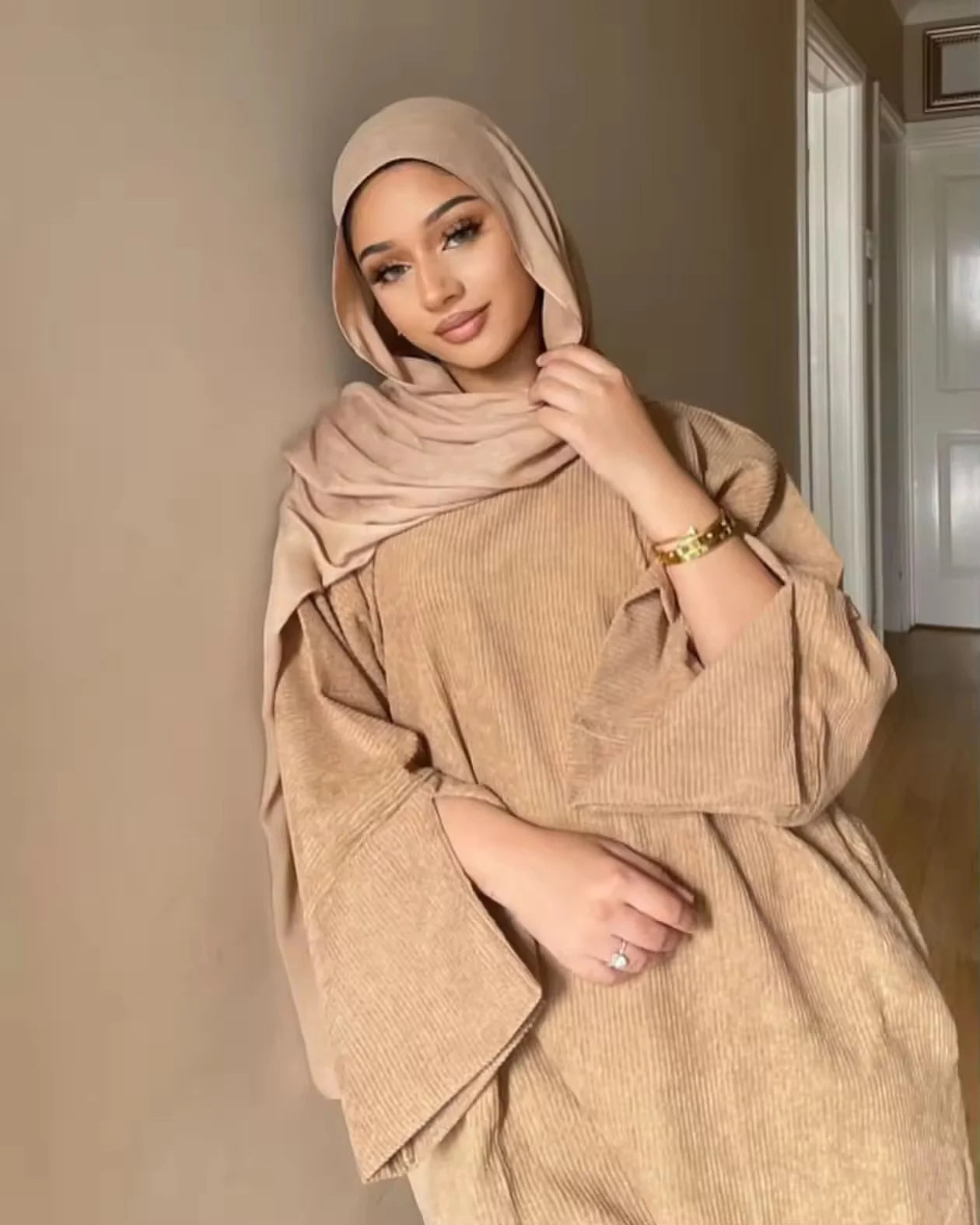 Closed Casual Corduroy Winter Abaya for Muslim Women – Eid 2025 Moroccan Kaftan Caftan Modest Dress