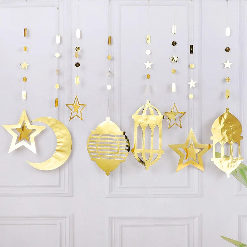 Ramadan Gold Silver Star Moon Lantern Hanging Streamer Garland Eid Mubarak Home Decoration 2025 Muslim Islamic Party Supplies
