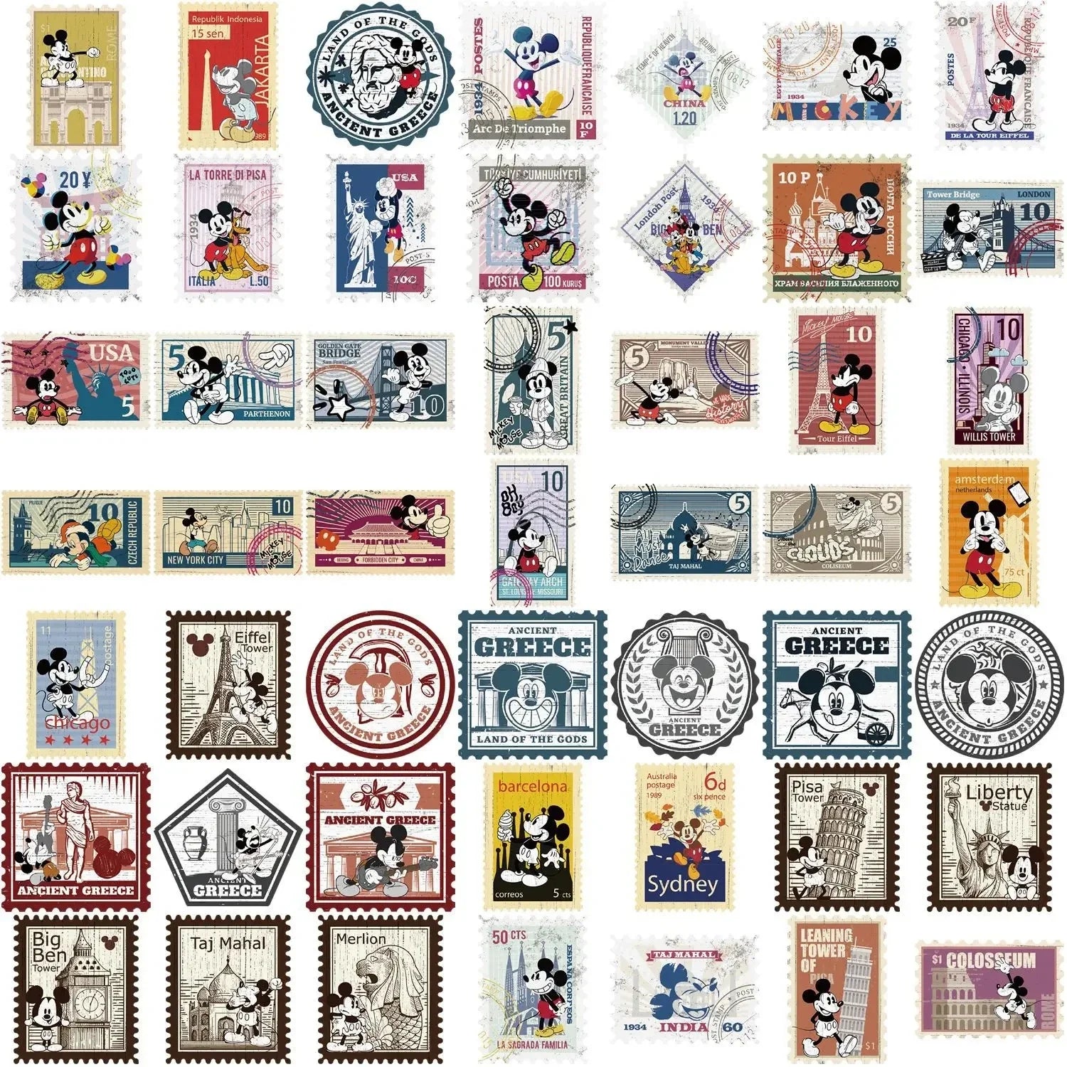 50PCS Retro Disney Mickey Stamps Cartoon Sticker DIY Phone Laptop Luggage Skateboard Graffiti Decals Fun for Kids Toys Gifts