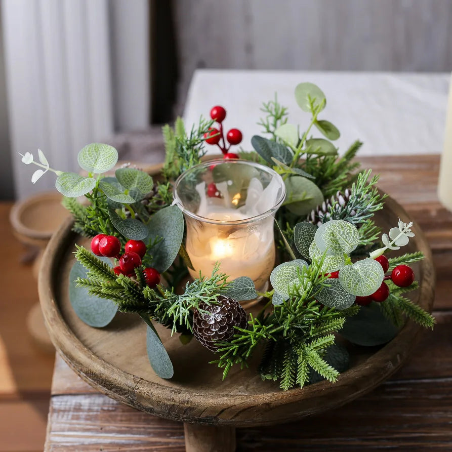 Red Berry Wreath Classic Candle Holder Decorative Ring Festive Pinecone Decoration For Table Decor Holiday Gathering Christmas