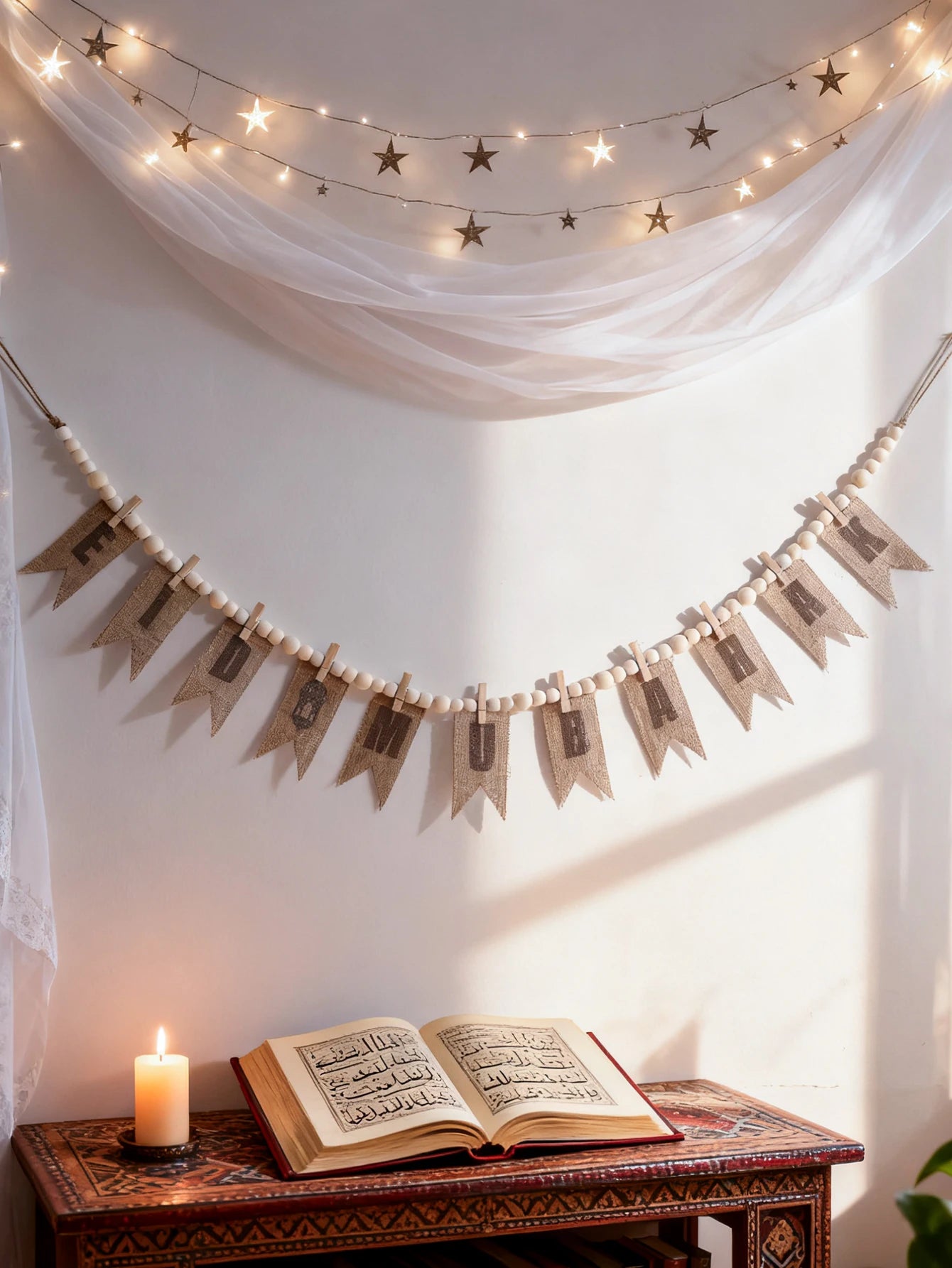 Eid Mubarak Burlap Banner Garland Wooden Bead Clothespin Hanging Ornaments for Muslim Festival Home Party Wall Window Decor Gift