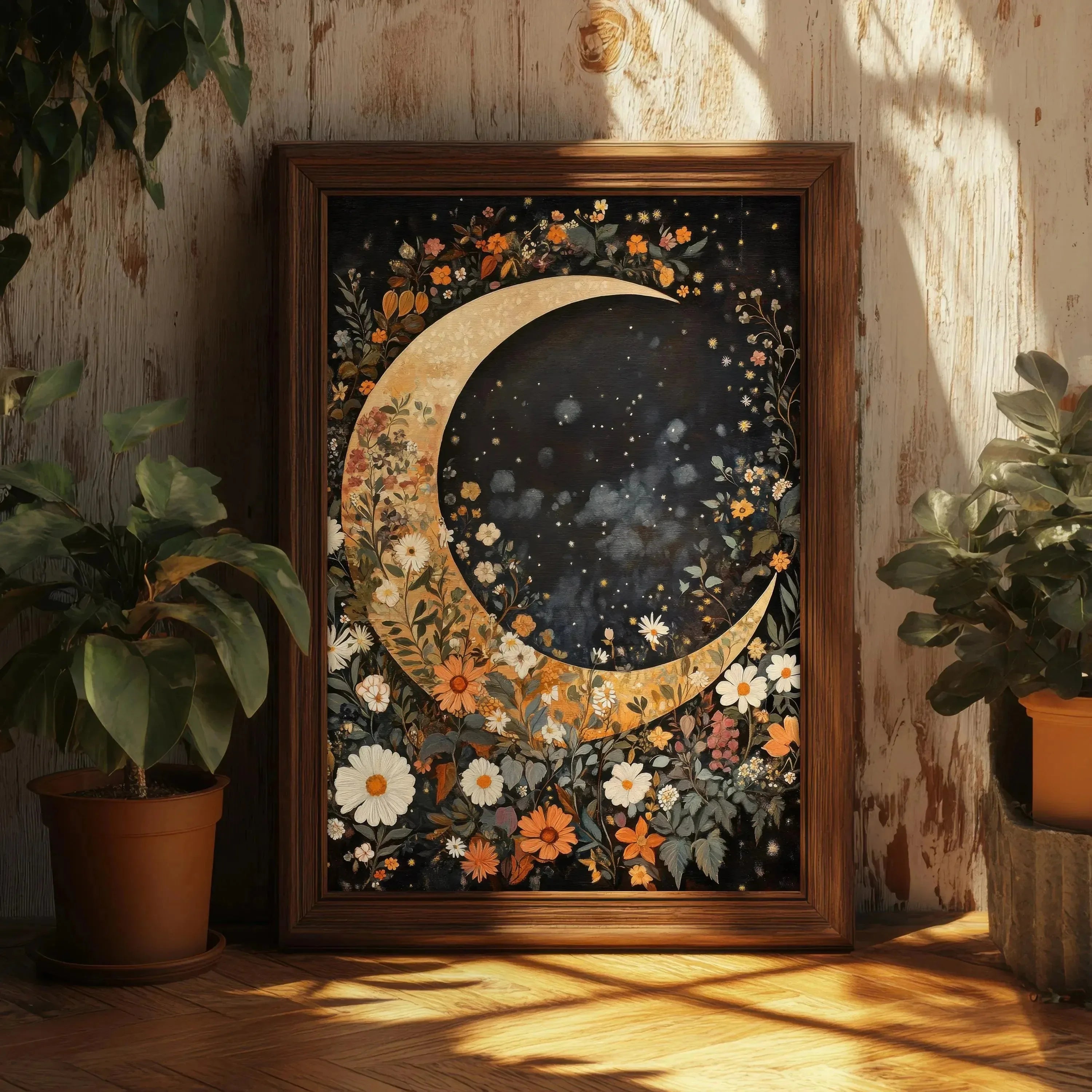 1pc Crescent Moon in Starry Night Sky Folk Art Floral Moon Stars Canvas Print Eclectic Decor Vintage Nature Wall Art Moody Decor