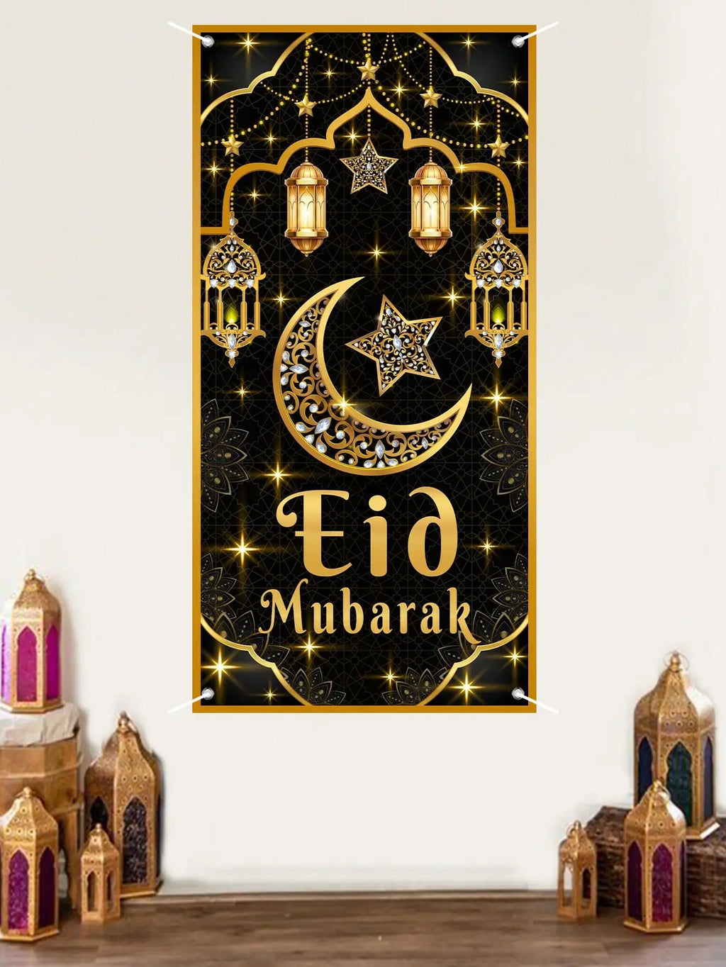 1 Piece Eid Mubarak Door Curtain Black Gold Star and Moon Lantern Decoration Hanging Curtain Islamic Style Festival Door Decoration Hanging Cloth