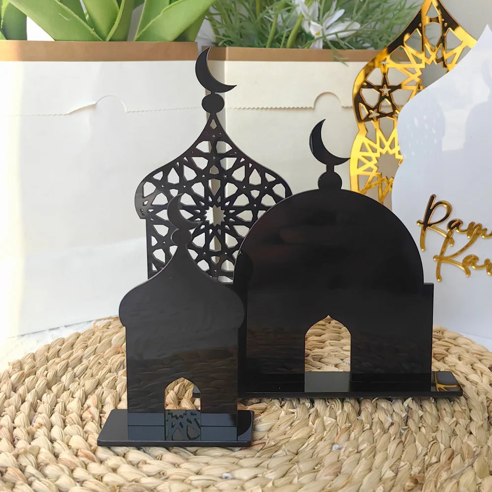3pcs Eid Mubarak Table Sign Acrylic Ramadan Desktop Ornament Decorative Acrylic Table Ornament for Eid Mubarak Home Party Supply