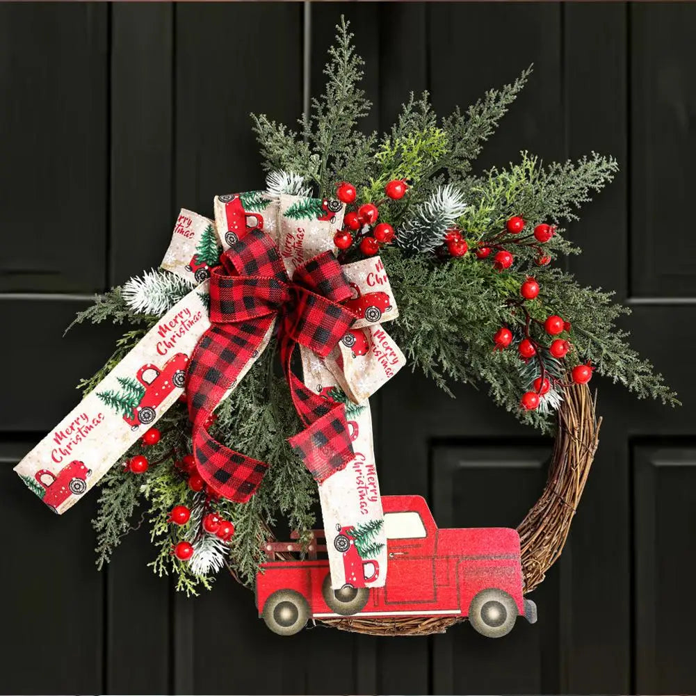 1pcs Farmhouse Christmas Wreath 35x43cm Red Truck Straw Decor Door Hanger For Home Indoor Outdoor Holiday Christmas Decoration