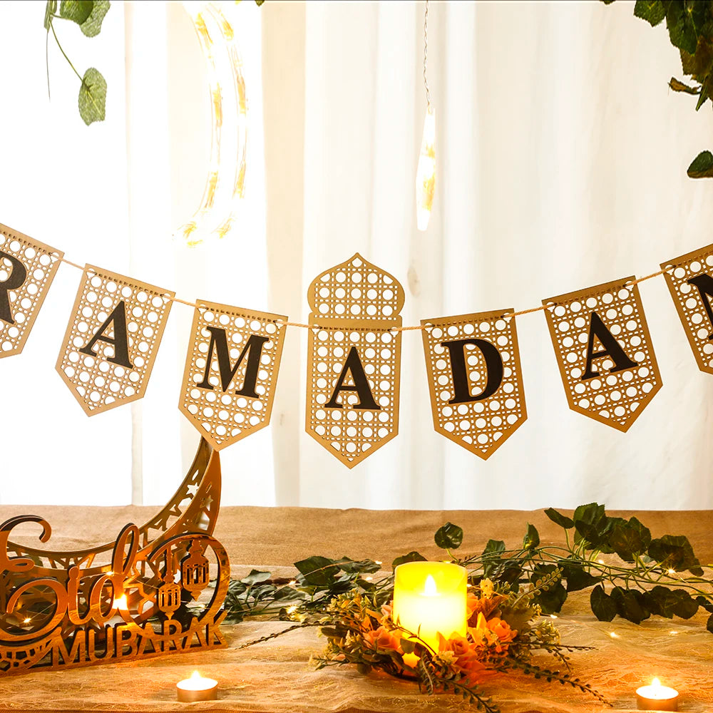 Ramadan Mubarak Banner Hollow Lantern Hanging Garland for Islamic Muslim Eid Festival Home Party Ornament Wall Decor Supplies