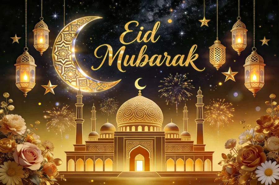 Eid Mubarak Hari Raya Theme Backdrop Islamic Architecture Crescent Moon Gold Decor For Festival Celebration Photo Booth Gift Pos