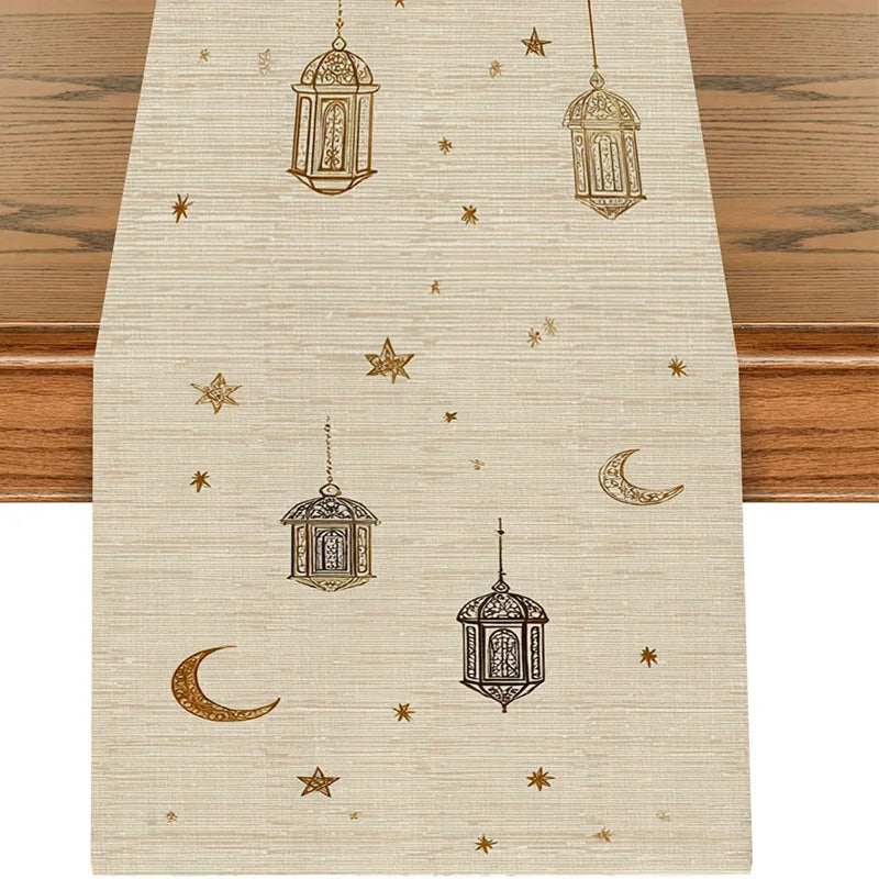 Ramadan Star Lantern Table Runner for Eid Mubarak Home Dining Table Decoration 2026 Islamic Muslim Party Polyester Table Runner