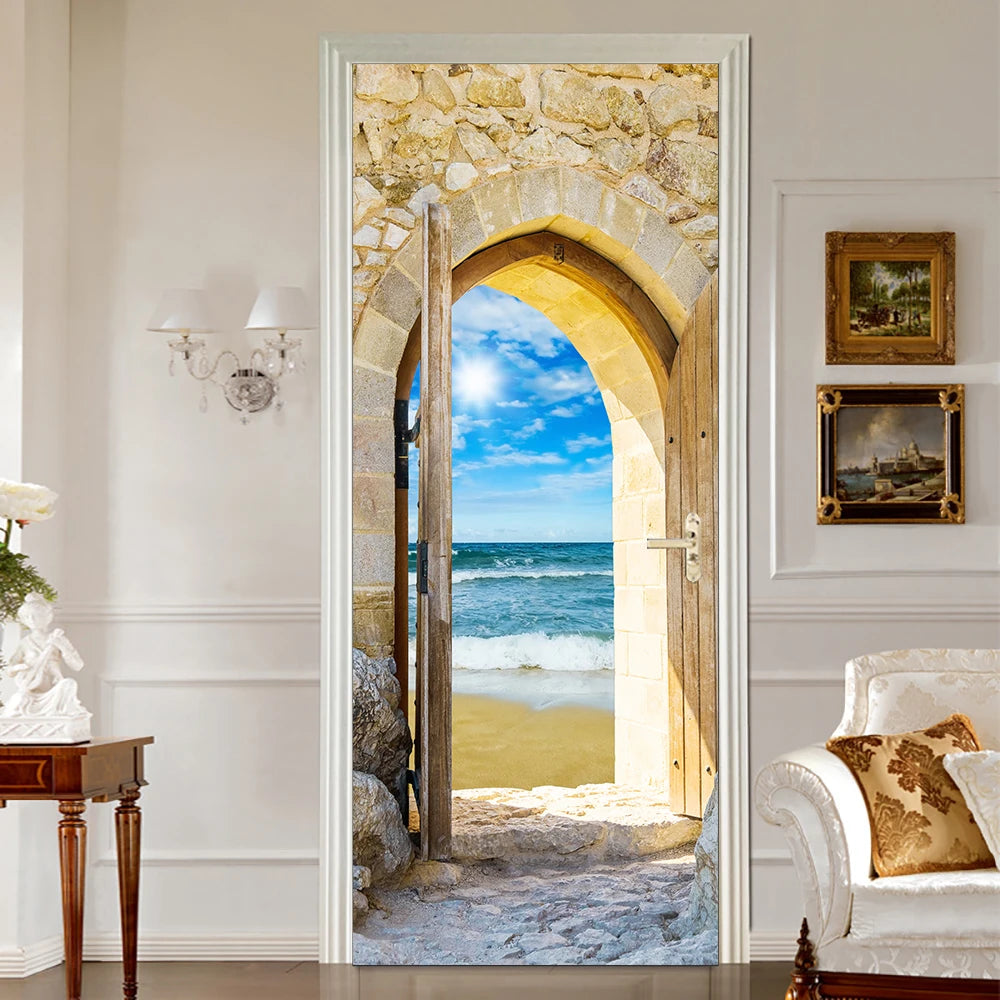 Medieval Stone Hutongs DIY Door Wall Sticker Home Decor Living Room Children Room Bedroom Art Mural Self-adhesive PVC Wallpaper