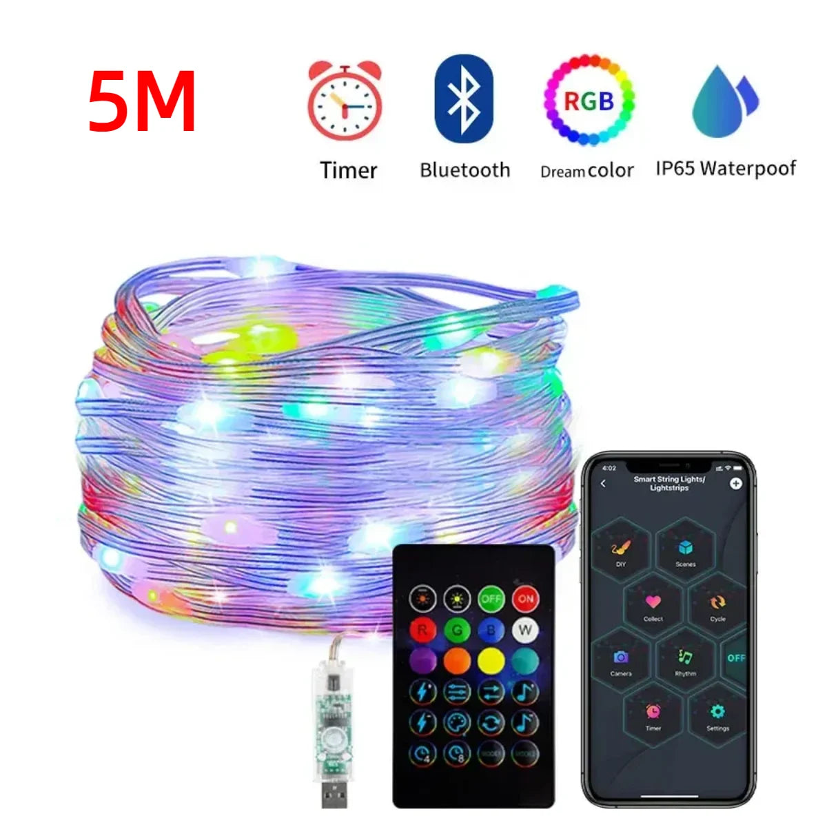 20M/10M/5M Smart USB 5V LED String Light RGB-IC WS2812B With Bluetooth APP Control IP65 Waterproof For Christmas Halloween Party